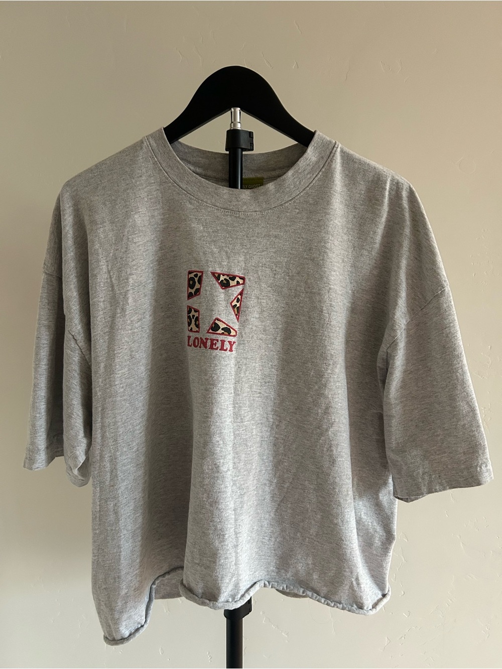 Lonely Ghost XL Gray Leopard Graphic Cropped Tee Raw Hem Oversized